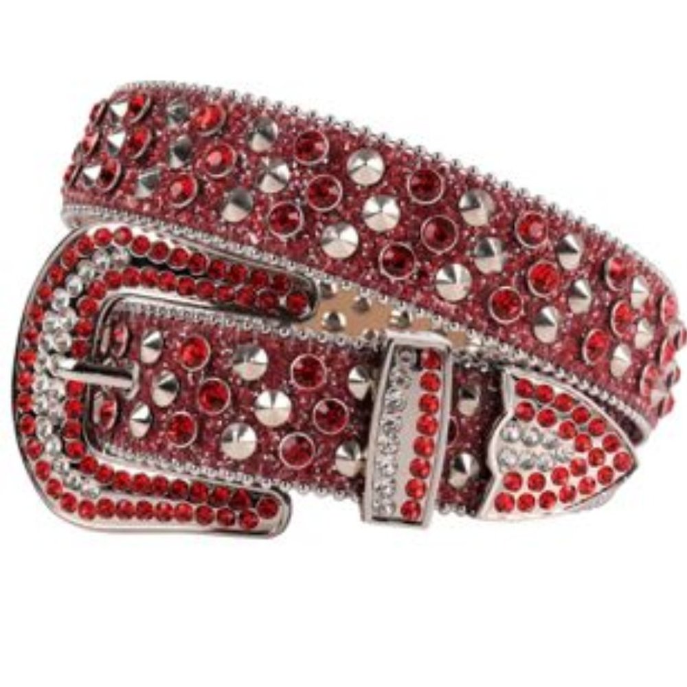 Rhinestone Belt - SUN034 - Red Glitter Belt with Red Rhinestones & Silver Spikes